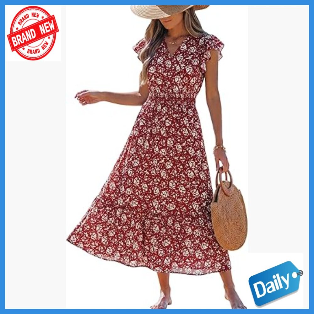 Women's Midi Dress Smocked Waist V Neck Flutter Sleeve Boho Tiered Sundress